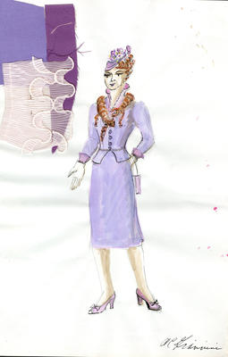 Costume Sketch 3, Helen, Purple Dress With Swatches (A Taste of Honey) (2011.220.3)