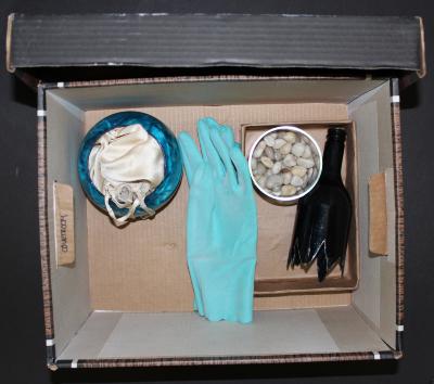 Show Props: Evidence Box Contents, Electrocution Headgear, Hair Clipping, and Flower in Vase with Pebbles (Machinal) (2014.160.4)