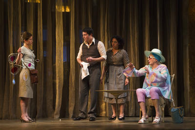 Production Photograph Featuring Maggie Lacey, Curtis Billings, Elisa Bocanegra, Olympia Dukakis (The Milk Train Doesn't Stop Here Anymore)  (2011.200.1074)